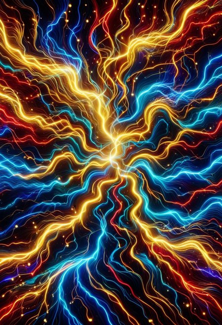 high quality, high resolution, extremely detailed,  lthndrtrl, no humans, circuit board made of golden and blue and red and yellow and purple lightning thunder trails,  dynamic lighting, simple background, black background