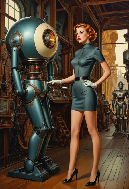 High-angle shot full length oil painting, etching, robot girl retro science fiction pinup girl, wearing a high cut skin tight bodice, black mini short, long legged, narrow waist, narrow hips, surreal perspective, unusual architecture, robot skin, vintage background, short curly tousled hair, lipstick, eye liner, great legs, hyperdetailed, fine line details, antique art fantasy, viewed from above,