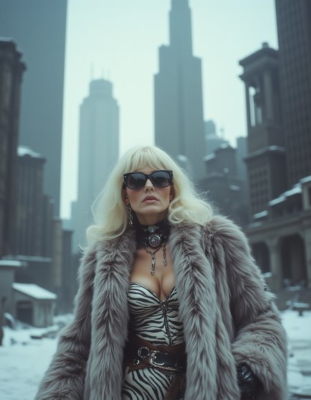 Cinematic scene of a dystopian cityscape with skyscrapers, industrial vibes, cloudy sky,  snow on the ground,  low angle, women in her 70s, white hair, wearing extravagant zebra outfit and fur jacket, sunglasses,  heavy clothing, clothing ,
luxurious and art deco while yet dystopian. 
<lora:80s_Fantasy_Movie:1> ArsMovieStill, 80s Fantasy Movie Still