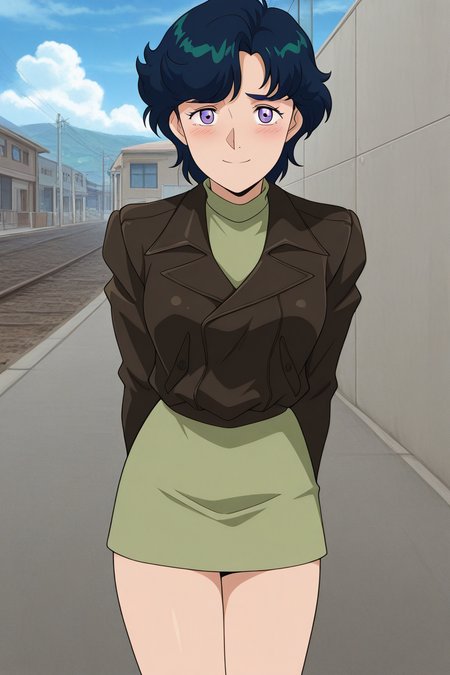 masterpiece, best quality, source_anime,official art,perfect_anatomy,retro_artstyle, 1girl,Elischa,purple eyes,blue hair,short hair,jacket,turtleneck,(beautiful detailed face,looking_at_viewer,smile,blush,shy),cowboyshot,hands behind back,miniskirt,thighs,day,outdoor,blue_sky,cloud