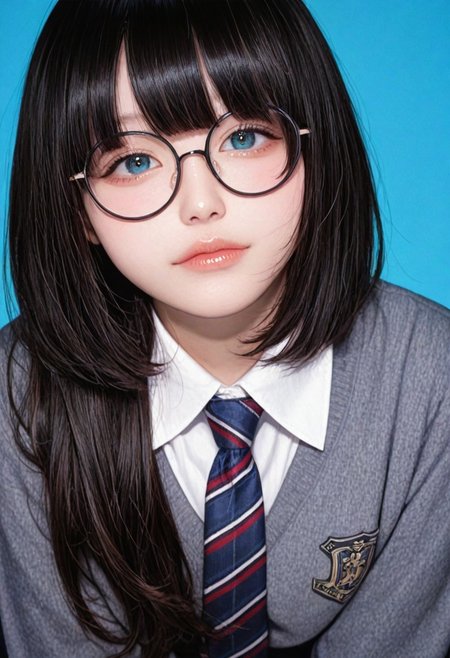 raytracing, very awa, high resolution, official art, realistic, masterpiece, best quality, (simple blue background:1.4), (Low brightness lighting), film grain, Film Still, realistic,photorealistic, super detailed skin, realistic skin, realistic human skin, Realistic skin tones, Three-dimensional skin, kawaii girl, jiraikei face, (18-year-old), (Korea Cosplayers), (Taiwan Cosplayers), (Japanese Cosplayers),
BREAK 
,(ars almal:0.9) ,virtual youtuber, hololive, nijisanji.jp, (nerdy girl),(Girl),
BREAK 
,turn to face the front,(Facing directly forward), Small nose,
 (half-closed eyes:0.5), Black hair, (black round glasses glasses), (Random school uniform),
BREAK 
1girl, solo