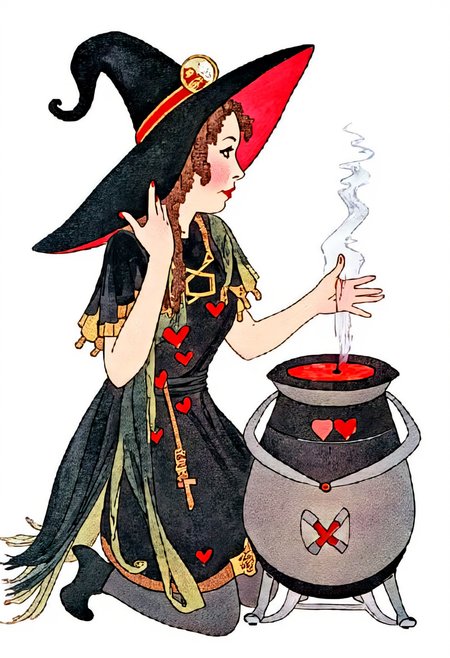 illustration of a futuristic cyber witch making a love potion in her high tech cauldron, earthkids style