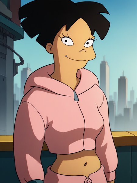 <lora:AmyWongPony1.2:1> amywong, black hair, solo, 1girl, black eyes, pink hoodie, navel, short hair,looking at viewer,upper body, standing, cowboy shot,  smile, city,science fiction,  score_9, score_8_up, score_7_up, score_6_up, score_5_up, score_4_up