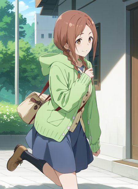 score_9,score_8_up,score_7_up,source_anime,anime,nsfw,rating_explicit,uncensored,High quality,Ultra detailed,best quality,insanely detailed,beautiful,masterpiece,prefect lighting BREAK
<lora:ishiwatari_nao_V1:1>,(ishiwatari_nao, brown hair, twin braids, long hair, brown eyes, hair over shoulder,hood, blue skirt, hoodie, kneehighs,cardigan, black socks,shoes),1girl,solo,outdoors,smile,walking,from_side,,looking_at_viewer,