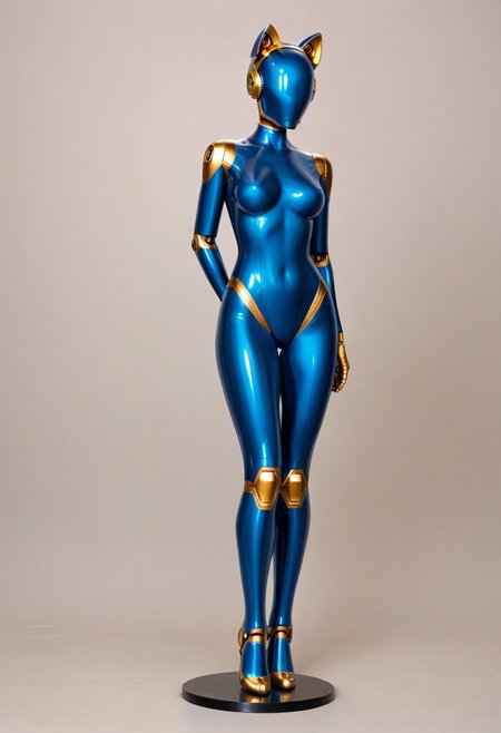 solo, A 35mm full length photo of  a beautiful 20 year old woman, she is a humanoid robot , robotic body, freckles, smooth featureless grey robotic skin, robotic aerials, metallic dark blue hair, elegant metallic blue latex bodysuit with gold trim, catlike robotic ears, jetpack, flying through the sky
TheFaceLess, mannequin, faceless, egghead