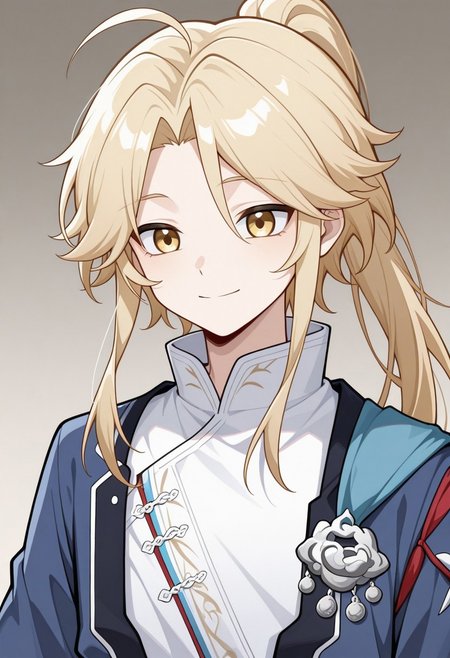 masterpiece,best quality,amazing quality, source_anime, 
Yanqihonk, 1boy, male focus, yellow eyes, blonde hair, long hair, ponytail, chinese clothes, shirt, white shirt, kimono, blue kimono, smile,