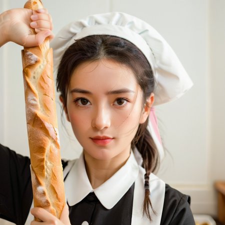a maid   holding a baguette  in her hand , <lora:weaponface:0.85>  ,close up