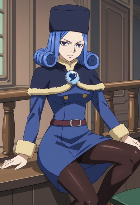score_9, score_8_up, score_7_up, anime screencap, BREAK, 1girl, solo  <lora:DX888Juvia:1>, juvia lockser, blue hair, curly hair, blue eyes, hat, dress, belt, capelet, fur trim, brooch, pantyhose, boots, BREAK Perched on ledge or railing, looking over edge