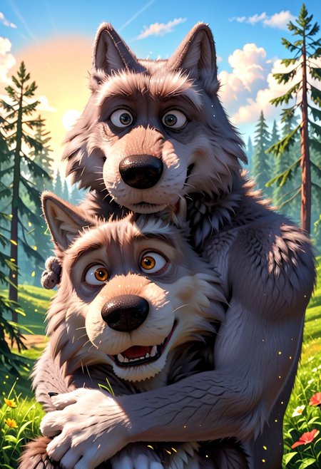 score_8, score_7, score_9_up, BodiPhantom, masterpiece, high quality, detailed, best quality, detailed background, detailed character, detailed character details, detailed face, detailed muzzle, dust, particles, practices, fluffy wool, fluffy fur, high quality, very high rendering, smooth lines, 4k, 8k, 16k, huge resolution, a lot of details, detailed fur, high budget, cinemascope, epic, gorgeous, film grain, grainy, high quality, detailed, high resolution, high quality, high resolution, furry character, 3DMM, 2boys, 2 boys, 
first character: "bybodird008, cartoon_style, source_cartoon, gray wolf, wolf, fluffy wolf, shaggy, (hybrid), boy, furry, furry_male, anthro, stupid wolf1, (He's taller and thicker, and his eyes are wide open, which adds to his innocence), plump";
second character: "bybodird008, cartoon_style, source_cartoon, gray wolf, wolf, fluffy wolf, shaggy, (hybrid), boy, furry, furry_male, anthro, cunning wolf2, (He is thin, with a large head and narrowed eyes), thin, skinny, appearance cunning wolf2, gray wolf, light gray fur";
BREAK
source_furry, adult, anthro, (((muscular))), 2 wolf, 
two wolves, two detailed characters, hugging, gay, 
realistic, different wolves, different faces, detailed face, gray wolfs, two gray wolves, 2 gray wolves
in the forest, trees, sun, meadow, clouds, detailed eyes, detailed fur, detailed anatomy, detailed every character