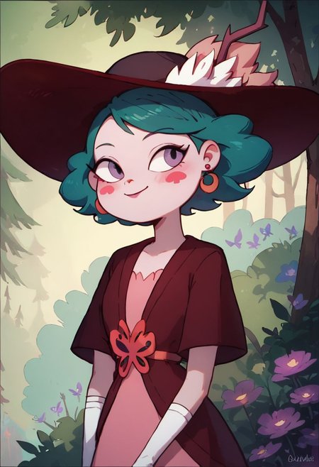 score_9, score_8_up, score_8, Eclipsa Butterfly, green hair, short hair, purple eyes, red moon earrings, red spade blush stickers, dark red sun hat with feathers and branch, white gloves, red cardigan with butterfly decoration, pink dress, 
upper body, smile, closed mouth, in woods, vivid colors,