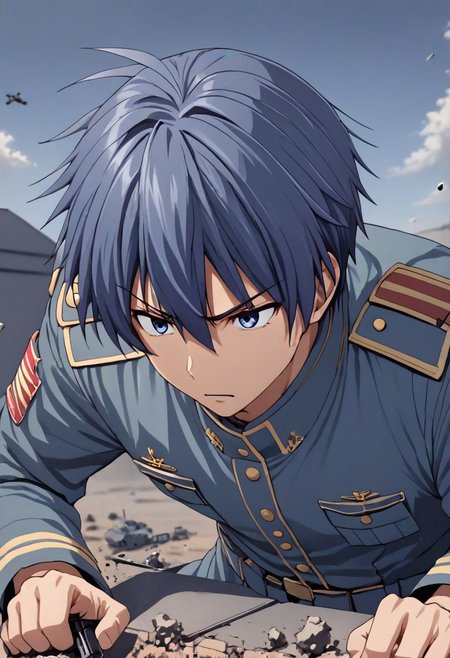 high resolution, solo, best quality, 1Boy, Tomoya Okazaki, Grey Blue Hair, military, action, OverallDetail