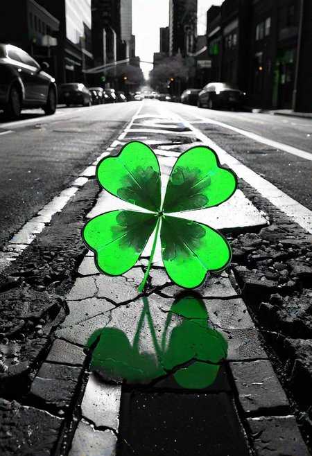 glowneon neon green shamrock, cracked asphalt, stark black and white, urban cityscape silhouette, graphic lines, bold, high contrast, pop art influence