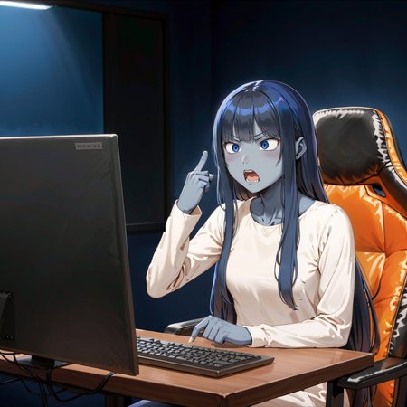 best quality, very aesthetic, absurdres, (cinematic angle:1.2), [(realistic:1)::0.5], <lora:StS_age_slider_v1_initial_release:1> ,<lora:Fixhands_anime_bdsqlsz_V1:1> 
girl using a computer,(yamamura sadako:1.2), black hair,straight hair,very long hair,long bangs,black eyes, (hair over one eye:1.2),sidelocks,(gray skin:1.3),white spooky dress, simple dress, long sleeves, [skinny::0.5], jitome, narrowed eyes, g
<lora:Using_a_computer:0:0.6>, <lora:DobunezuMix:0:0.9> ,<lora:Dark_room:0:0.7>,(dark room:1.1) background, simple background, [growing (blue:1.3) monitor:0.1], gaming chair, (arm up, middle finger rising:1.8), (angry,open mouth,surprised:1.4)