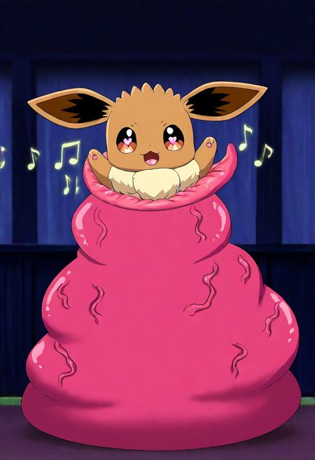 <lora:vore_lower_body-2-000005:1>, source_anime, anime coloring, stage background, vore, full body, heart eyes, veiny tentacles vore, hearts, sucked half lower body, no legs visible, arms up, eevee \(pokemon\), chibi, furry, music notes