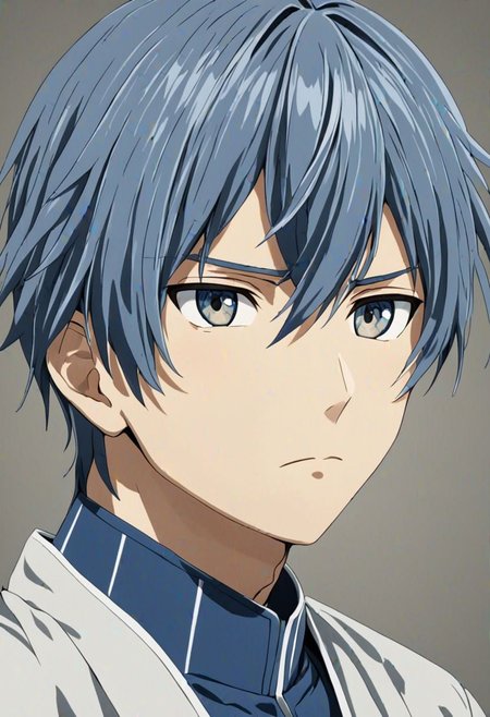 high resolution, solo, best quality, 1Boy, Tomoya Okazaki, Grey Blue Hair, portraits, looking at viewer, focused gaze forward, upper body, head upright, neutral expresion, OverallDetail