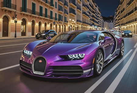 Digital illustration of a purple Bugatti tearing through the Monaco highway at night, closely pursued by a squadron of police cars. The scene unfolds under the cover of darkness, with the city's luxurious lights providing a vibrant backdrop. The Bugatti's glossy purple exterior reflects the neon glows of Monaco's nightlife as it dashes past landmarks and through tunnels, its engine's roar echoing in the night. Police lights flash in a rhythmic pattern, casting a red and blue hue over the scene, adding urgency to the chase. The contrast between the high-speed luxury car and the determined law enforcement effort creates a gripping narrative of pursuit, set against the nocturnal beauty of Monaco, where the thrill of the chase amplifies the allure of the night.photorealistic, amazing quality, ultra realistic, 3D, HD, best quality, amazing quality, very aesthetic, absurdres, <lora:extremely_detailed:0.8> extremely detailed