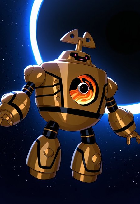 masterpiece, best quality, amazing quality, very aesthetic, absurdres, newest, 
 clockwork, robot, solo, no humans, 
in space, floating, spreading arms, black hole, biggest black hole, event horizon, floating in space, falling in space, ,