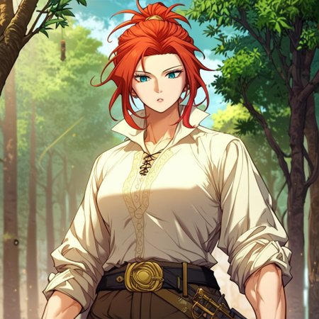 score_9, score_8_up, score_7_up, masterpiece, very high quality, Anime_source, AliciaTermina, blue eyes, red hair, medium hair, ponytail, working uniform, epiCPhoto, brown pants, white top, belt, abs, trees, dark sky,