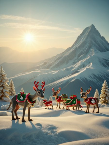 Animal Christmas, 
Alien landscape the main tones are green and grey, the sun is setting behind a vast mountain range radiating a kaleidoscope of colours over the landscape,  <lora:more_details:0.8>
 <lora:Animal_Christmas:1>