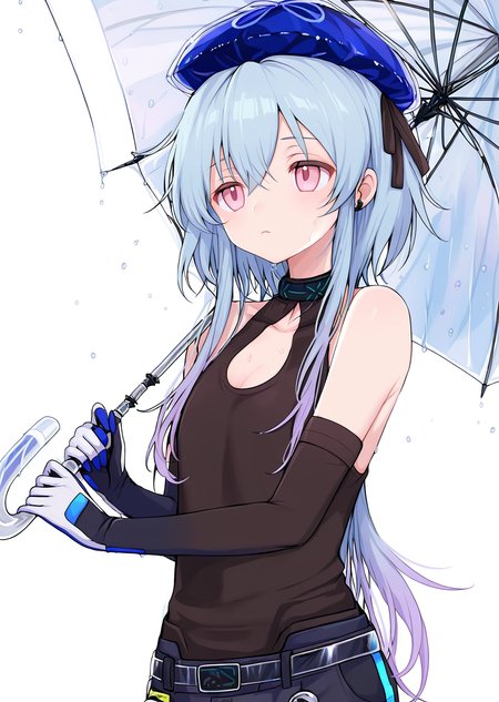 <lora:ShimizuAkina250208:1>,ShimizuAkina,<lora:mizuki_arknights_for_IL:1>,mizuki_\(remove\)_\(arknights\),  blue hair, pink eyes ,gradient hair , beret,  cropped torso ,elbow gloves,   black collar , black shorts ,  holding umbrella,<lora:NOOB_vp1_detailer_by_volnovik_v1:1>,<lora:noobai_ep11_stabilizer_v0.138_fp16:1>,