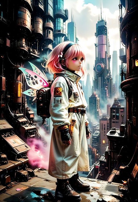 1girl, solo, white hair, hairband, wings, pink eyes, dress, energy wings, building, white dress, multicolored hair, bodysuit, pink hair, night, long hair, outdoors, petals, skyscraper, small breasts, gloves, city, mechanical wings, medium hair, gradient hair, sky, hair between eyes, closed mouth, cityscape, detached wings, fingerless gloves, black gloves, 
score_9,score_8_up,score_7_up, futuristic, technological, alien worlds, space themes, advanced civilizations, 
alien-worlds, colorful, eeriness, fantasy, futuristic, science-fiction, other-worldliness, pop-culture, posters, contemporary, metaphysics, atmospheric, digital, illustration, 
pmg style, MyNewFantasy, Jed-dtl, s1_dram