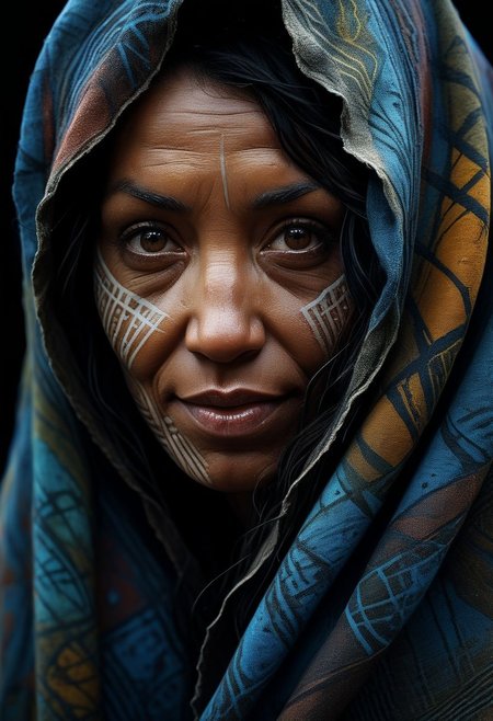 Close-up face, mysterious silhouette of a happy maori woman in worn down cloth, alluring goddess, by Minjae Lee, Carne Griffiths, Emily Kell, Steve McCurry, Geoffroy Thoorens, Aaron Horkey, Jordan Grimmer, Greg Rutkowski, amazing depth, double exposure, surreal, geometric patterns, intricately detailed, bokeh,  perfect balanced, deep fine borders, artistic photorealism , smooth,  great masterwork by Suiras  <lora:add-detail-xl:2>  <lora:Double_Exposure:0.5>