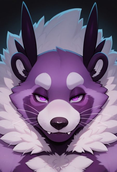 masterpiece, detailed background, best quality, absurd res, high detail, aesthetic, smooth drawing,
BentoC, furry male, viverrid, werebinturong, huge, fluffy, face focus, relaxed, looking at viewer, purple eyes, fangs, straight-on, black background, whiskers, seductive, smug look,