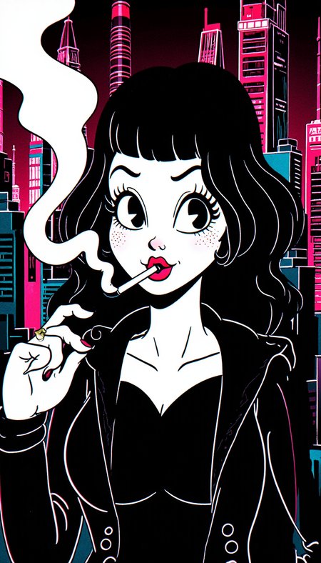 RU883R black and white graphic novel, solid ink
the background is a city landscape thick red ink lines but highly detailed
the background is dominated by pink and cyan neon lights of a cyberpunk city. 
portrait of a woman smoking a cigarette