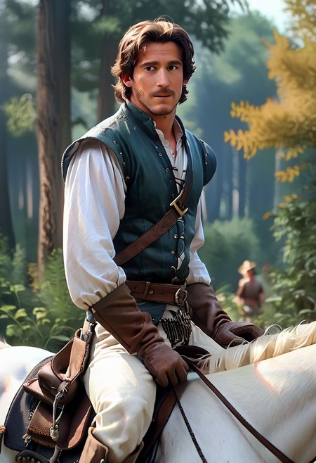Score_9,  score_8_up,  score_7_up,    FlynnRider, 1man, realistic, riding white horse in forest, leather gloves