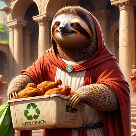 concept art <lora:sl0th-000007:0.7> , sloth wearing ancient rome robes, holding a recyling bin filled with fried chicken, happy, digital artwork, illustrative, painterly, matte painting, highly detailed