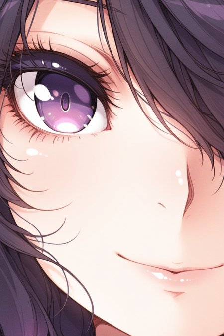 masterpiece, best quality, amazing quality,
 <lora:CrzNghbr_IL:1> crznghbr, solo, 1girl, black hair, close-up, purple eyes, eyelashes, hair over one eye, smile, lips, looking at viewer