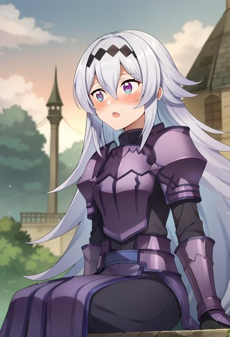 score_9, score_8, score_7, source_anime, dorothy isaiah elisheva, cloud, open mouth, long sleeves, blush, hairband, knight, outdoors, sitting
