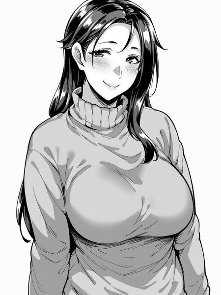 score_9, score_8_up, score_7_up,  
1girl, monochrome, mature female, long hair, black hair, sweater, long sleeves, turtleneck, standing, white background, smile, closed mouth, blush, looking at viewer,