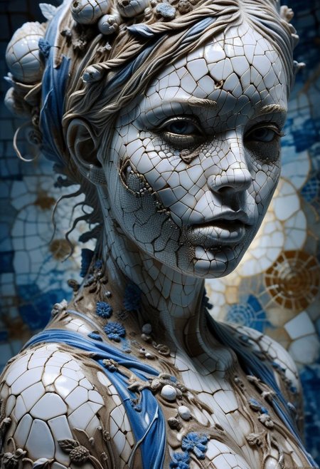 Close-up porcelain face, mysterious silhouette of a porcelain woman in worn down porcelain clothing, white and blue porcelain, alluring goddess, by Minjae Lee, Carne Griffiths, Emily Kell, Steve McCurry, Geoffroy Thoorens, Aaron Horkey, Jordan Grimmer, Greg Rutkowski, amazing depth, double exposure, surreal, geometric patterns, intricately detailed, bokeh,  perfect balanced, deep fine borders, artistic photorealism , smooth,  great masterwork by Suiras  <lora:add-detail-xl:2>  <lora:Double_Exposure:0.5>