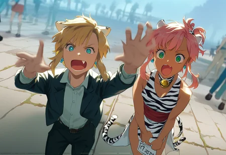score_9, score_8_up, score_7_up, score_6_up, Masterpiece, source_anime screenshot, 1 girl, vivid colors, full color, shiny and glossy, anime style, high-res, beautiful aesthetic, very intricate, high-quality details, vibrant, highly detailed, award-winning, professional, <lora:pink-ponyxl-v2:1>, single fang showing, sleeveless dress, white tiger print dress, pelvic curtain, cleavage, white cat ears, cat bell necklace, bright pink hair, tanned, white tiger tail, red sash, small breasts, leather shoes, detailed eyes, green eyes, detailed face, break, <lora:link:1> link1, link, pointy ears, blonde hair, blue eyes, medium hair, side locks, earrings, short ponytail, blue hylian tunic, break, pink and link protesting, pink and link shouting, holding protest signs high above their heads, link's sign says save the snails, pink's sign says down with socks, whimsical, funny, front view, blurred background, dutch angle, close up, cowboy shot