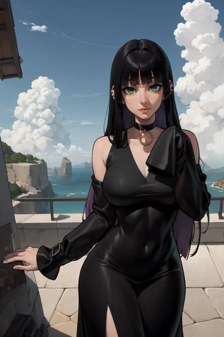 1girl, (solo:1.2), (cowboy shot:1.2), (looking at viewer:1.3),
<lora:PA-san [justTNP - v1.0]:1> pa-san, (blunt bangs:1.3), (long hair), (colored inner hair:1.2), (black hair), purple hair, (green eyes:1.3), large breasts, curvy, young female, hime cut, ear piercing, jewelry, (black dress:1.2), clothing cutout, shoulder cutout, (sleeves past wrists:1.2), choker, black choker
BREAK <lora:Namespace [MockAi - v1.0]:0.95> namespaceartist, (western artstyle), smooth skin, soft shading, (cartoonish:1.2) facial expression, muted colors
BREAK intricate details, (masterpiece:1.3), (best quality:1.3), (perfect anatomy:1.4) BREAK, (beautiful white clouds:1.3), puffy clouds, white sky