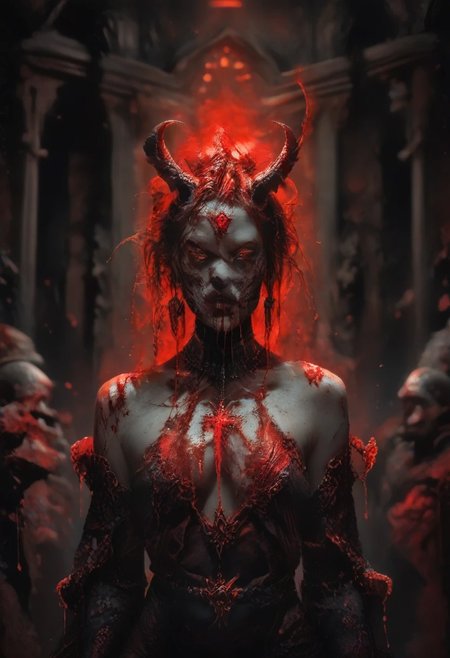score_9, score_8_up, score_7_up, score_6_up, ornate headpiece, long black veil, black and red bodysuit, intricate patterns, solo, gray skin,  long black gloves with red accents, thigh-high black stockings with red details, A red glowing blood dripping, melting red outfit, creepy spiky horns, on the  throne, Game of Thrones style , legs crossed, dramatic pose, mouth veil, indoor setting, gothic architecture, red and black color scheme, dim lighting with red highlights,  front view, deep depth of field, sharp focus on subject, crowd monster around, mhi, glowing runes on body