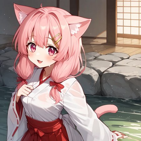 Aomokoka Style,nochekaisershot,
1girl,japanese clothes, hairclip, wide sleeves, ribbon trim, long sleeves, hakama skirt, miko, sleeves past wrists, red hakama, white kimono, tabi, ribbon-trimmed sleeves, pinching sleeves,yuika3,cat ears,Expressiveh,nochekaisershot,pink hair,solo,pink eyes