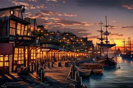 (masterpiece:1.2), (best quality,:1.2), 8k, HDR, ultra detailed, ((photorealistic)), perfect anatomy, professional light, cinematic lighting, fashion photography, ambient lighting, pire, ships, pier, outside a tavern over looking a busy harbor in the caribbean, sunset,