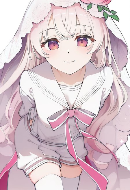 masterpiece,best quality,newest,very aesthetic,absurdres,highres,newest,year 2024,year 2023,year 2022,
artist:konya_karasue,artist:hoji(hooooooooji1029),michiking,artist:ningen_mame,mignon,[artist:kani_biimu],artist:ogipote,artist:sy4,noyu_(noyu23386566),
closed smile,leaning forward,hands behind back,looking at viewer,thigh highs,
<lora:zero_hikari:1>,zero hikari \(arcaea\),1girl,long hair,veil,pink eyes,bare legs,hair flower,bowtie,school uniform,sailor collar,bow,shirt,white hair,