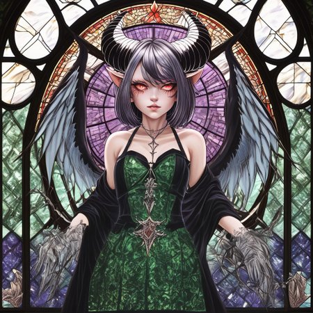 score_9, score_8_up, score_7_up, detailed background, curvy, goth girl, goat demon, magic spells, tattoos, scars, black hair red streak, cathedral stained glass windows, wings, luminous green eyes luisap, eyes, cleavage