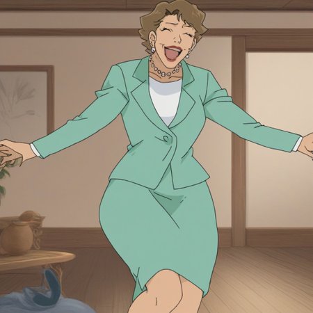 score_9, score_8_up, score_8, score_7_up, score_7, (best quality), Source_cartoon, anime coloring, 1girl, mature female, older woman, solo, Waltz Hohoemi, brown hair, short hair, mature woman, lipstick, makeup, formal, green jacket, green pencil skirt, blue heels, earrings, pearl necklace,1girl, big ass, voluptuous body, curvy figure, huge hips, big breasts, fullbody, laughing, living room