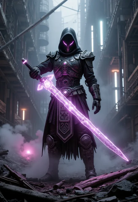 A Mech Warrior standing amidst the ruins of a power plant, wielding an ethereal weapon: a glowing, translucent inka-zen sword made of glass and platinum. The glass sword glows with an eerie light, cutting through the darkness of the plant like a ray of hope. The sword’s design fuses ancient Incan symbols with Zen Buddhist motifs, suggesting a powerful spiritual weapon. The mech warrior’s armor is a mix of futuristic tech and traditional indigenous clothing, with glowing energy signatures that pulse slowly, hinting at the power within. The background is a chaotic blend of neon lights, steam generators, and crumbling infrastructure, giving a surreal twist to a gritty industrial setting. Use a grayscale palette with accents of vibrant neons and pastels to emphasize the stark contrast between the old and new.   <lora:Dever_Flux_Enhancer> <lora:ck-Chernobyl-Exclusion-Zone-000016>