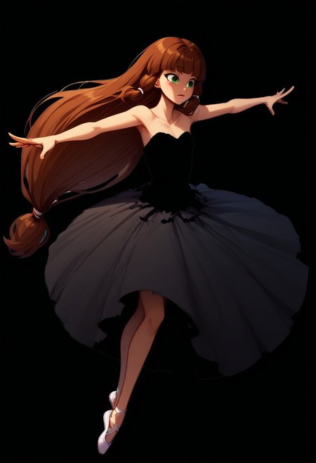 Blend_in, black background, score_9, score_8_up, score_7_up, masterpiece, best quality, absurdres, highly detailed, (high contrast, sidelightning), full body, (from above:0.6), 
BREAK 
1girl, solo, imtdlilaross, long hair, low-tied long hair, green eyes, blunt bangs, brown hair, hair tubes, corseted ballerina attire, bell tutu, strapless dress, pitch black clothes, (white ballerina pointes), arabesque, stage performance, outstretched arms
