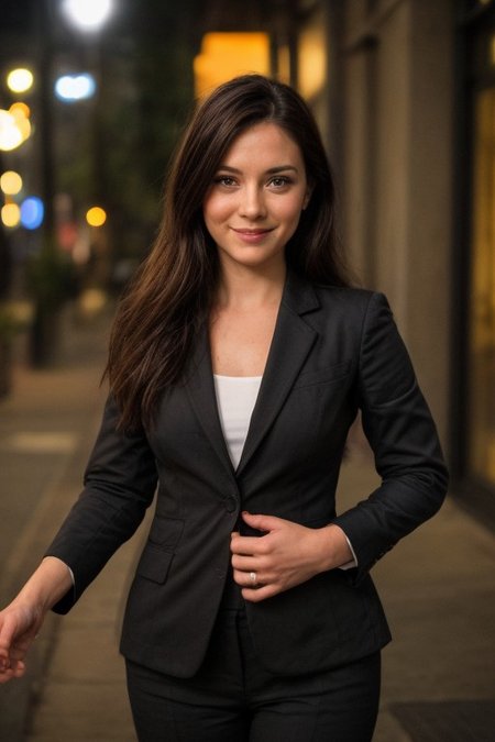 30yo American woman wearing bussiness suit holding a cigarrete
Dark black smooth long hair ponytail. smiling.
Looking at camera.
Dynamic varying pose.
Outside bussiness. Night time,  
Night time, dark.