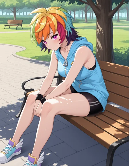 masterpiece,best quality, absurdres, highres, <lora:Iro Illu:1> irocrushcrush, blue hoodie, wristband, bike shorts, outside, park, sitting, sneakers, bench