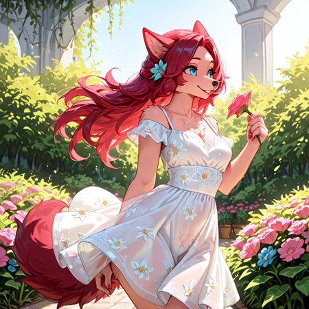 masterpiece, best quality, newest, absurdres, highres, furry, perfect anatomy, Cr01a,1girl,solo,furry,furry female,animal ears,long hair,red hair,hair ornament,blue eyes,snout,animal nose,body fur,tail, flower dress, white dress, garden, cleavage, small breasts, happy, smiling, looking away, holding flower, garden, scenery,