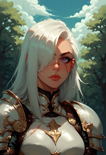 1girl, armor, scar, solo, scar on face, white hair, long hair, hair over one eye, looking at viewer, purple eyes eyes, outdoors, upper body, breastplate, medium breasts, shoulder armor, tree, makeup, lip gloss, day, scar across eye, sky, , cloud, , shoulder plates, pauldrons, breasts, nature, eyelashes, scar on nose, scar on cheek, closed mouth, forest, blue sky, one eye covered
,  <lora:Ri-MIX_A_Illustriousv2-000009:1> rimixa,, looking at viewer,, , score_9, score_8_up, score_8_up,