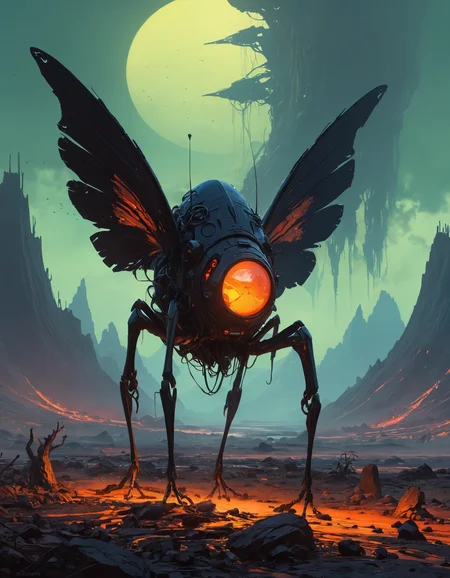 hyper detailed,  transient, black, advanced, macabre, by Goro Fujita and by Simon Stålenhag, famous artwork inspired by (phil foglio:1.2) and (matt wilson:1.2), detailed expressive eyes, fantasy style, the "calm thudroq" is a majestic silicon-based life-form living in a hostile environment, it calls the florbyflunked lava plains of the volcanic planet "xinderhome i" its home, on the image it is shown with its disturbingly beautiful leathery wings and elegant yamboozled body, this life form feeds by harnessing volcanic energy and hunting the much smaller "lumbering hargquibberer", dark, shadows, black, shadow hues, highly artistic, highly painterly, harmonic colors, expressive, ultimate aesthetic level, visible brushstrokes, masterclass artistry, vibrant energy, apocalyptic mood, atmospheric haze and dense fog, strong winds,  highly aesthetic, otherworldly, limited palette,  faded colors, washed out colors, extremely dark, extremely low key lighting, dark shadows, perfect composition, full panoramic shot