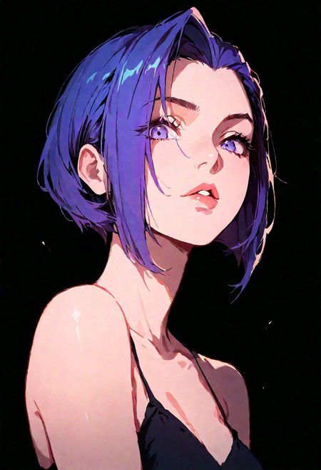 1girl,  jinx (league_of_legends), lips, thin lips, parted lips, solo, looking at viewer, camisole, upper body, dark, underlightling, masterpiece, best quality, very aesthetic, purple hair, bob haircut,